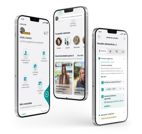 Pantallas de la app de Legálitas: inicio, recomendaciones y detalle de consulta